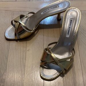Manolo Blahnik Metallic silvery Gold Strappy Sandals Heels size 40 US 9.5 - 10